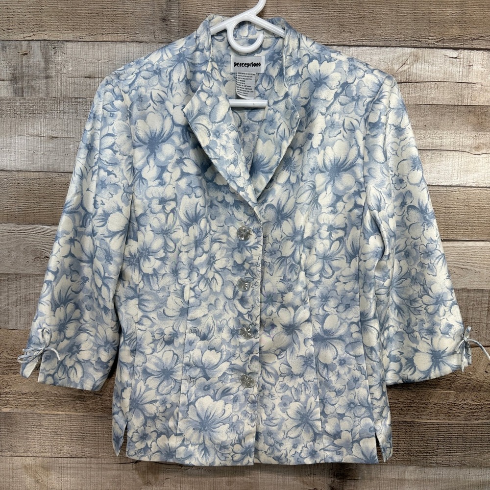 Perceptions Womens Blue White Floral Blazer Jacket Special Occasion Size 12